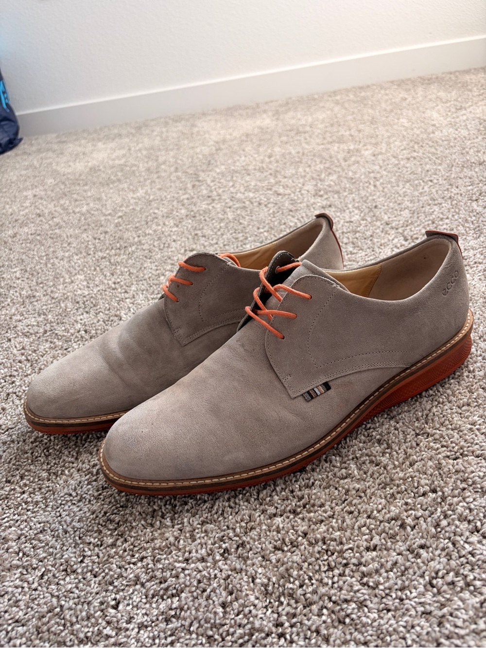 ECCO Mens Gray Suede Derby Oxfords Orange Laces Sole Shoes EU 46 US 12